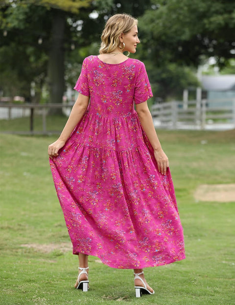 YESNO Women Casual Loose Bohemian Floral Dress with Pockets Short Sleeve Long Maxi Summer Beach Swing Dress L EJF CR26 Pink YESNO