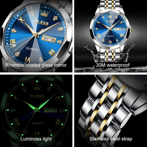 OLEVS Watch for Men Blue Big Face Watch for Men Two Tone Men's Wrist Watches Stainless Steel Waterproof Casual Fashion Mens Watches Luxury Diamond Quartz Men Watch relojes para Hombres OLEVS