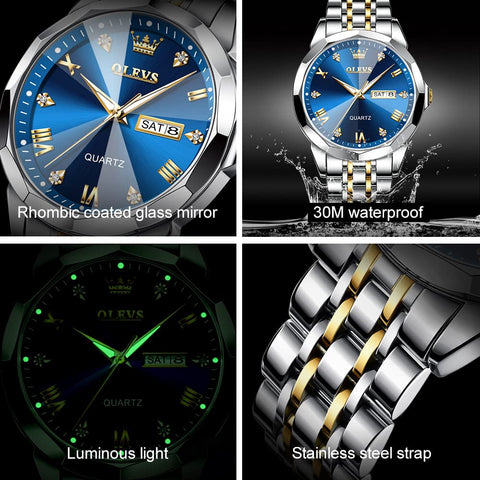 OLEVS Watch for Men Blue Big Face Watch for Men Two Tone Men's Wrist Watches Stainless Steel Waterproof Casual Fashion Mens Watches Luxury Diamond Quartz Men Watch relojes para Hombres OLEVS