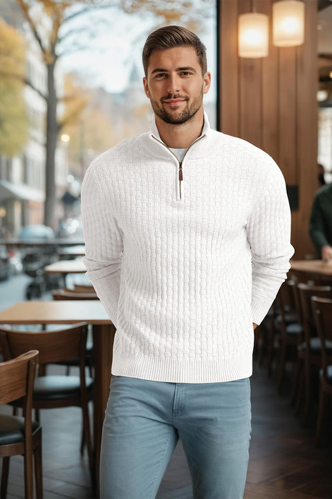 Askdeer Men's Quarter Zip Sweater Waffle Knit Sweater Mock Neck Polo Sweater Soft Casual Pullover Sweater with Ribbing Edge White