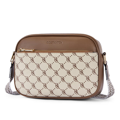 BOSTANTEN Quilted Crossbody Bags for Women Vegan Leather Purses Small Shoulder Handbags with Wide Strap Coffee with Beige BOSTANTEN