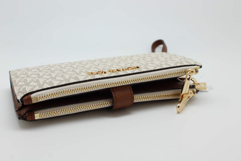 Michael Kors Jet Set Travel Double Zip Wristlet - Signature PVC (Vanilla PVC/Dark Acorn) Michael Kors