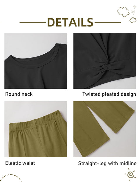 Gaupafmb Little Girl Clothes 2PCS Casual Outfits Solid Twist Front Long Sleeve and Wide Leg Pants Clothes for Girls 9-10