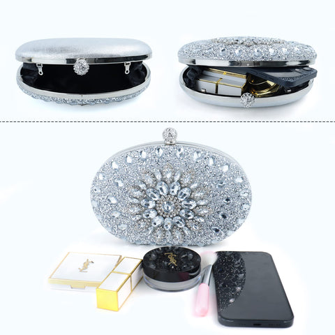 LADIHAB Crystal Clutch Purse Jeweled Purses Rhinestone Clutch for Women Bling Glitter Diamond Bag Purse Evening Bag For Party (Round Silver) LADIHAB