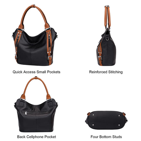 Over Earth Genuine Leather Handbags for Women Hobo Shoulder Bag Ladies Leather Tote Bag(O172E Black/Brown) Over Earth