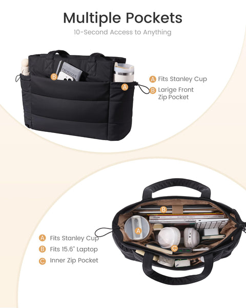LOVEVOOK Tote Bag for Women with Giant Tumbler Holder Pocket, Puffer Work Travel Handbag with Zipper for Nurse Teacher, Quilted Cute Laptop Shoulder Purse with Compartments for Office Gym, Black