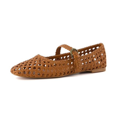 CUSHIONAIRE Weston Women’s Hand Woven Dressy Ballet Flats – Faux Leather Mary Jane with Adjustable Strap & Memory Foam, COGNAC 7