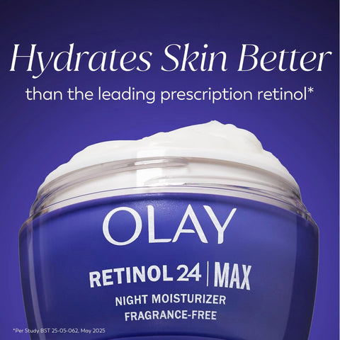 Olay Retinol Face Moisturizer, 24 MAX Anti-Aging Night Cream for Women, Fragrance-Free, Non Greasy - Anti-Wrinkle, Smooth Fine Lines, Tightening, Hydrating Skin Care - Peptides, Glycerin, 1.7 Oz