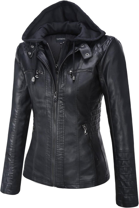 Tanming Women's Removable Hooded Faux Leather Jackets (X-Large, Black) Tanming