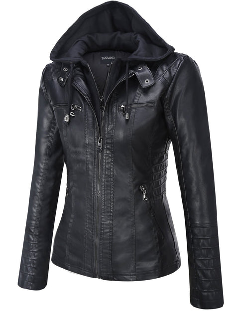 Tanming Women's Removable Hooded Faux Leather Jackets (X-Large, Black) Tanming