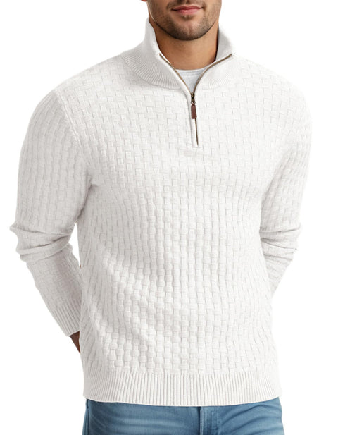 Askdeer Men's Quarter Zip Sweater Waffle Knit Sweater Mock Neck Polo Sweater Soft Casual Pullover Sweater with Ribbing Edge White