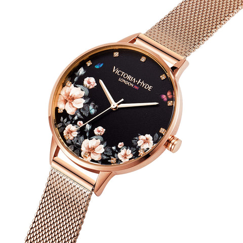 VICTORIA HYDE Analog Quartz Women Watches Rose Gold Stainless Steel Mesh Band Casual Dress Floral Dial Wristwatch for Lady VICTORIA HYDE