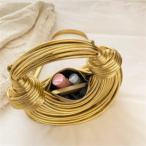 Gimue Hand-Woven Crossbody Bag for Women, Small Leather Clutch Purse, Knotted Bread Handbag, Top Handle Noodles Satchel Bag (Golden) Gimue