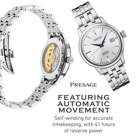 SEIKO SRPB77 Automatic Watch for Men - Presage Cocktail Time - Patterned Silver Dial with Gloss Finish, Date Calendar, 50m Water-Resistant SEIKO