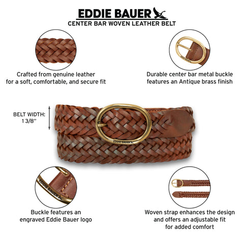Eddie Bauer Women's Casual Leather Belts with Durable Metal Buckle, Center Bar Woven - Brown, Medium