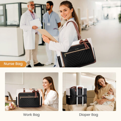 LOVEVOOK Teacher Tote Bag for Women, Work Bags Laptop Bag with Large Cup Holder, Quilted Nurse Bag Diaper Tote with Multi-Pockets, Large Computer Handbag Purse for Bussiness Travel, Office, College