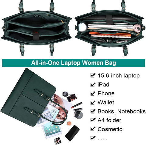 Laptop Bag for Women Leather Work Tote 15.6 Inch Laptop for Computer Bag Waterproof Business Office Professional Large Capacity Handbag Shoulder Bag DeepGreen KTMOUW