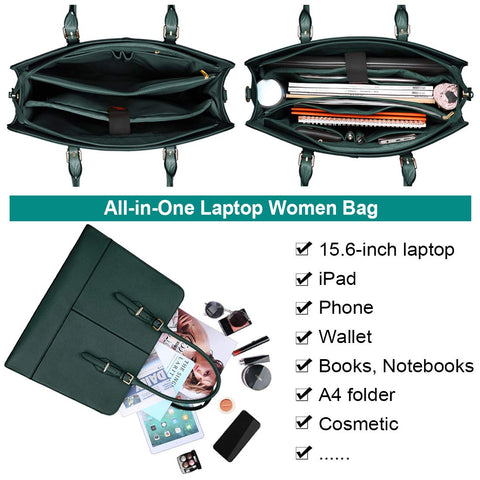 Laptop Bag for Women Leather Work Tote 15.6 Inch Laptop for Computer Bag Waterproof Business Office Professional Large Capacity Handbag Shoulder Bag DeepGreen KTMOUW