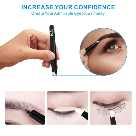 Pefei Tweezers Set - Professional Stainless Steel Tweezers for Eyebrows - Great Precision for Facial Hair, Splinter and Ingrown Hair Removal (Black) Pefei