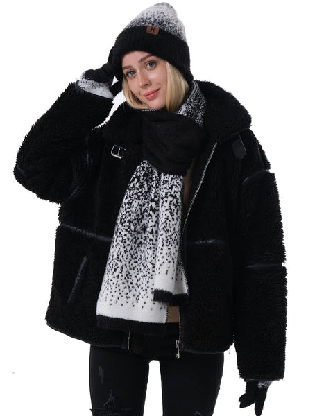 Womens Winter Knit Beanie Hats and Touchscreen Gloves Long Scarf Set with Warm Fleece Lined Skull Caps Scarves for Women Black White FZ FANTASTIC ZONE