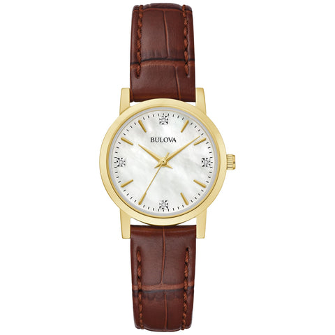 Bulova Ladies' Classic Diamond Gold Stainless Steel 3-Hand Quartz Watch, Brown Leather Strap, 27mm Style: 97P170 Bulova