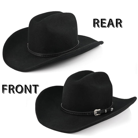 100% Wool Western Cowboy Hat for Men Women Classic Fedora Hat Felt Cowgirls Hats with Two Decorative Bands (US, Alpha, Large, X-Large, Black-A)