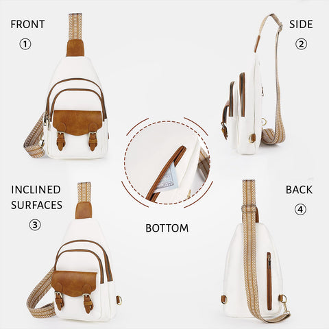 GUETES Sling Bag Small Fanny Pack Leather Crossbody Bags for Women Men Chest Bag Cross Body Backpack dailypack Travel Hiking Cycling, White and Brown GUETES