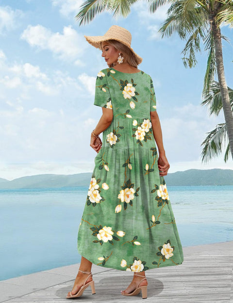 YESNO Women Casual Loose Bohemian Floral Dress with Pockets Short Sleeve Long Maxi Summer Beach Swing Dress 2XL EJF CR19 YESNO