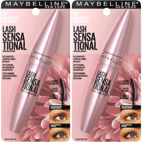 Maybelline Lash Sensational Washable Mascara, Lengthening and Volumizing for a Full Fan Effect, Blackest Black, 2 Count