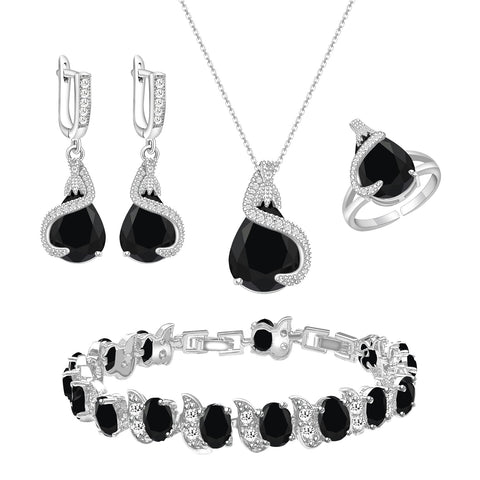 GZWHD Jewelry Set Gift for Women, Black Waterdrop Created Spinel, Party Prom Jewelry, Silver-Tone Earrings Necklace Bracelet Open Ring, Birthday Gifts for Best Friends Mom GZWHD