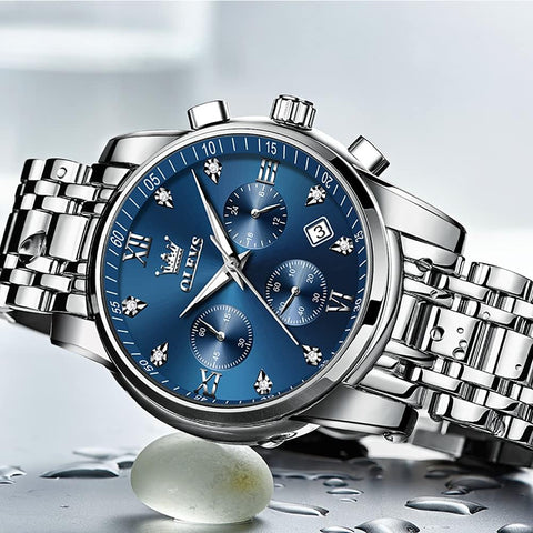 OLEVS Men's Diamond Watches Blue Dial Roman numerals Chronograph Watches for Men Stainless Steel Band Fashion Luminous Hands Multi-Function Quartz Watch Water Resistant Silver Tone Men Watch with Date