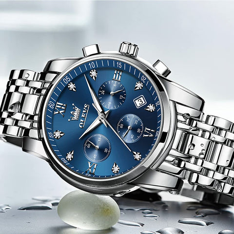 OLEVS Men's Diamond Watches Blue Dial Roman numerals Chronograph Watches for Men Stainless Steel Band Fashion Luminous Hands Multi-Function Quartz Watch Water Resistant Silver Tone Men Watch with Date