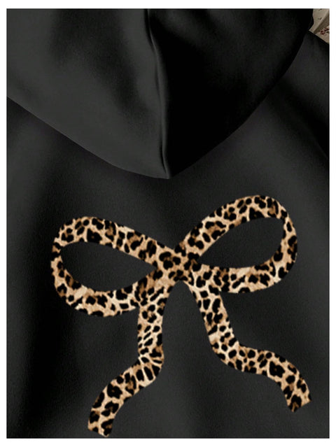 RoseSeek Girl's Bow Cheetah Leopard Hoodies Long Sleeve Pullover Tops Preppy Cute Sweatshirts Hoodies Bow Black 11Y