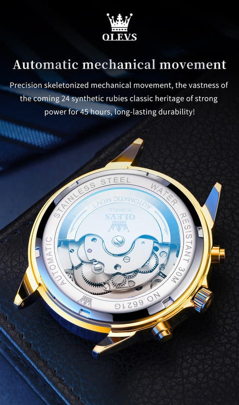 OLEVS Automatic Men Gold Watch Skeleton Mechanical Business Dress Stainless Steel Waterproof Luminous Calendar Luxury Classic Wrist Watch Male