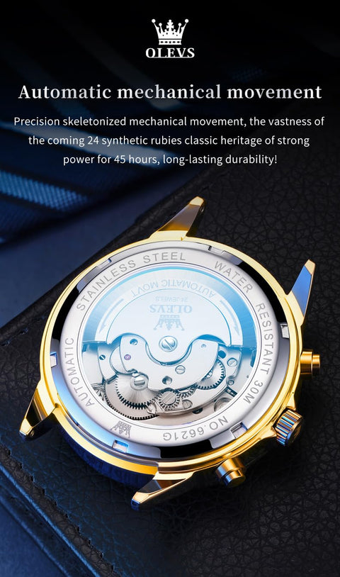 OLEVS Automatic Men Gold Watch Skeleton Mechanical Business Dress Stainless Steel Waterproof Luminous Calendar Luxury Classic Wrist Watch Male