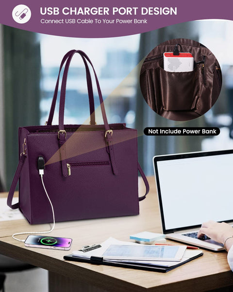 LOVEVOOK 15.6 Inch Laptop Bag for women, Large Waterproof PU Leather Work Briefcase with USB Charging Port Casual Computer Shoulder Messenger Fashion Business Office Tote Handbag Purse, Purple LOVEVOOK