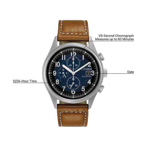Citizen Men's Eco-Drive Weekender Garrison Chronograph Field Watch in Stainless Steel with Brown Leather strap, Blue Dial (Model: CA0621-05L) Citizen