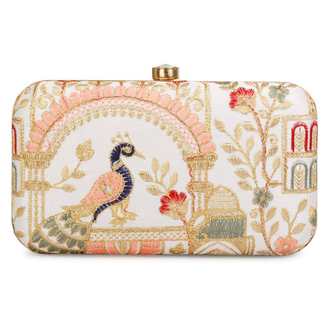 LONGING TO BUY Hand Crafted Designer Box Clutch For Women, Zari Embroidery Clutch For Women/Hand Clutch For Women (Cream-2) LONGING TO BUY