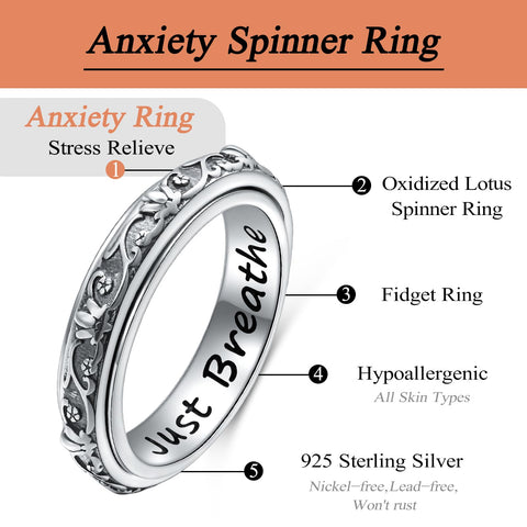 Ladytree Spinner Fidget Ring S925 Sterling Silver Lotus Flower Yoga Just Breathe Anxiety Worry Band Oxidized Fidget Stress Relieving Boredom ADHD Autism Rings for Women Men,Size 8 Ladytree