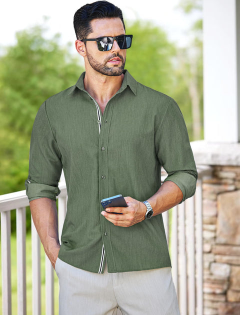 MAPICK Mens Denim Shirt Business Casual Long Sleeve Shirts Button Down Untucked Clothing(Army Green,X-Large)