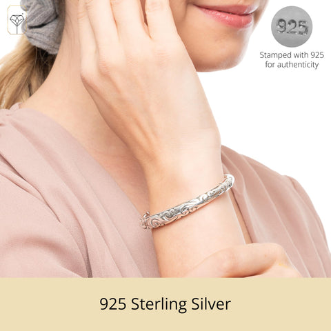 MAX + STONE Lightweight 925 Sterling Silver Bracelet for Women | 7 Inch Filigree Bracelet with Hinged Clasp | Anti-tarnishing Sterling Silver Bangle Bracelet for Women | Silver Bangles for Women MAX + STONE