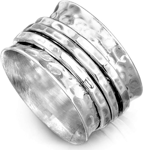 Boho-Magic 925 Sterling Silver Spinner Ring for Women 3 Fidget Rings Band Wide Hammered (9) Boho-Magic
