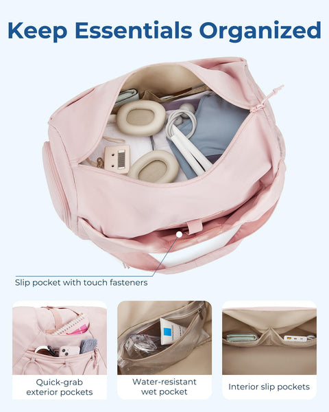 BAGSMART Gym Bag for Women, Lightweight Duffel Bag with Shoe Compartment, Weekender Bags with Wet Pocket, Workout Yoga Tote Bag for Women, Pink BAGSMART