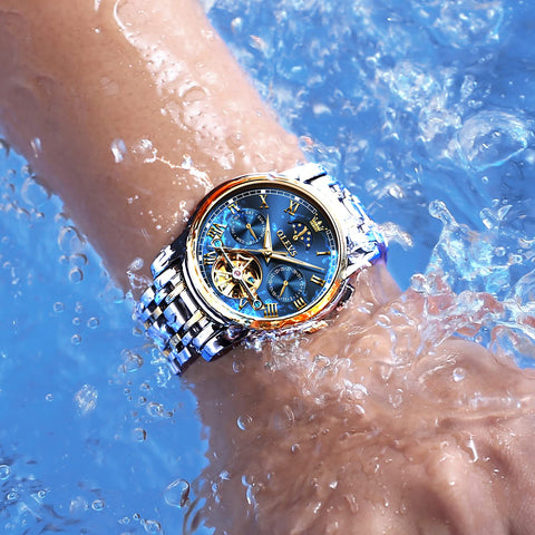 OLEVS Men's Automatic Mechanical Watches Luxury Dress Waterproof Self Winding Moon Phase Chronograph Stainless Steel Luminous Date Tourbillon Wristwatch for Men (Blue Dial and Gold Silver Strap) OLEVS