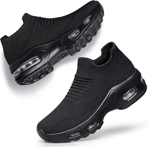 DOUSSPRT Womens Walking Sneakers Slip on Sock Shoes Mesh Air Cushion Platform Workout Tennis Loafers Fashion Casual 002 allblack US Size 8 DOUSSPRT