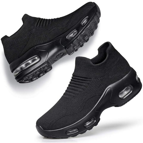 DOUSSPRT Womens Walking Sneakers Slip on Sock Shoes Mesh Air Cushion Platform Workout Tennis Loafers Fashion Casual 002 allblack US Size 8 DOUSSPRT