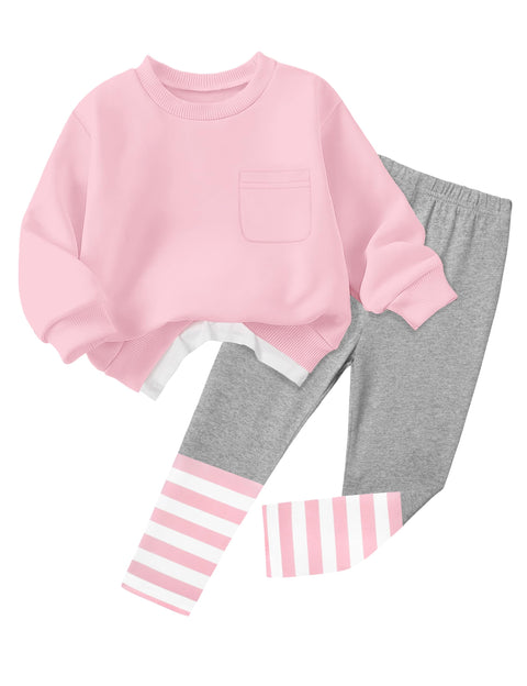 NAPU Little Girls Clothes 4T Toddler Girl Outfits Size 5T Winter Clothes for Kids Pullover Pink Long Sleeve Sweatsuits and Striped Leggings Gray Pants Casual Fall Outfit