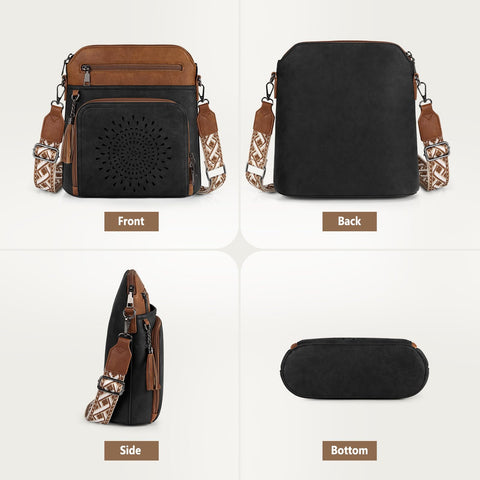 RAINSMORE Crossbody Bags for Women Leather Crossbody Purse Designer Womens Shouler Bags Handbags Trendy Medium Cross Body Purse Travel Work, black&brown