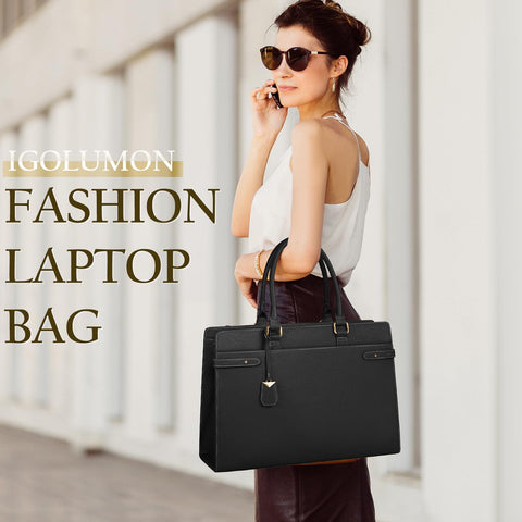 Laptop Bag for Women 15.6 Inch Leather Tote Bag Professional Work Bag Waterproof Computer Briefcase Business Office Bag Large Capacity Handbag Shoulder Bag, Black IGOLUMON
