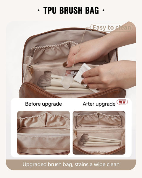 EACHY Travel Makeup Bag,Large Capacity Cosmetic Bags for Women,Waterproof Portable Pouch Open Flat Toiletry Bag Make up Organizer with Divider and Handle (I-Brown, Medium) EACHY